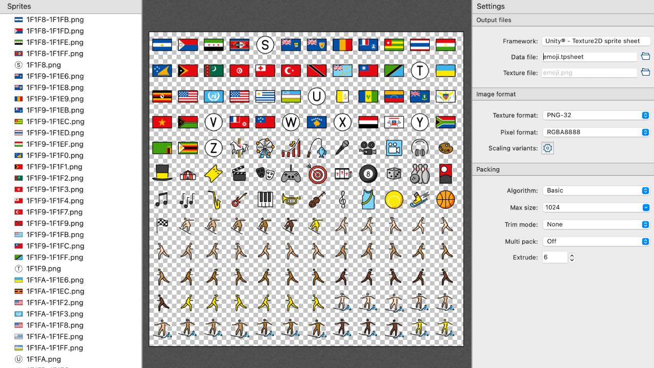 TexturePacker с загруженными эмоджи