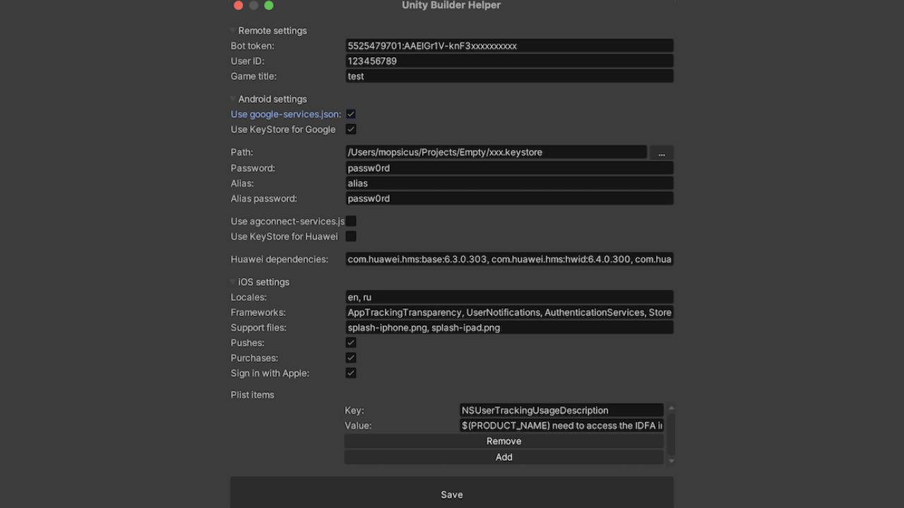 Unity Builder Helper settings