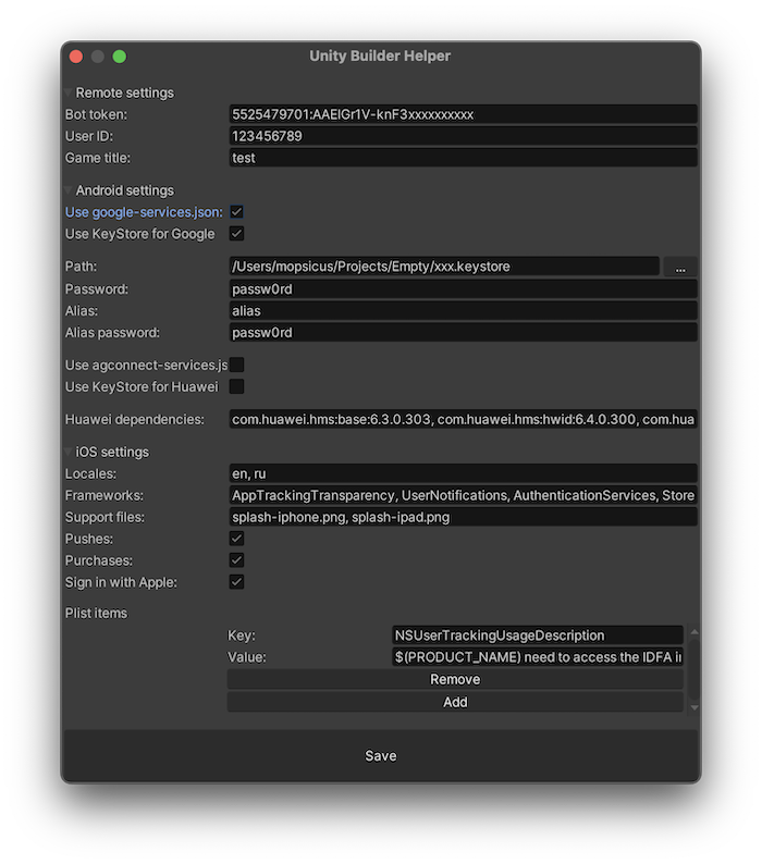 Unity Builder Helper settings
